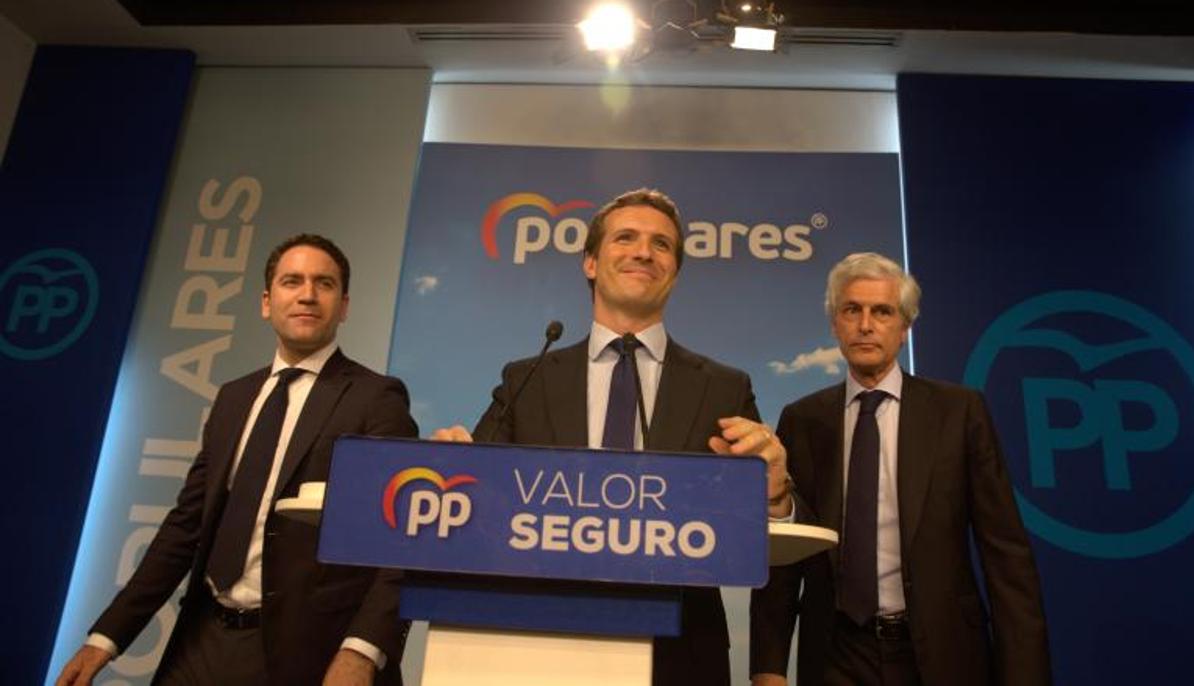 Pablo Casado, Suárez y Egea, tras conocer los resultados de las elecciones