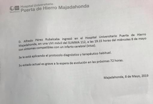 Parte médico expedido por el Hospital Universitario Puerta de Hierro