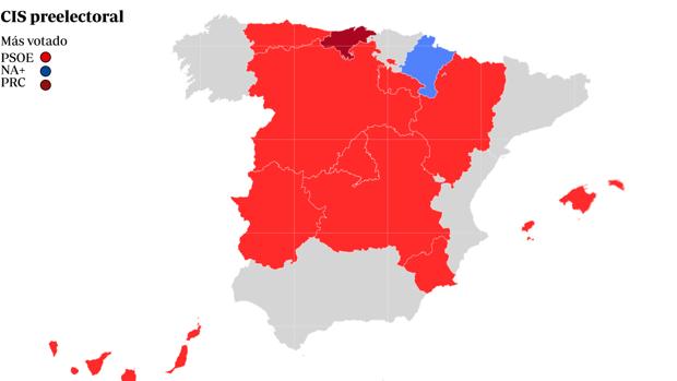 El CIS anticipa una victoria del PSOE en todas las comunidades menos Cantabria y Navarra