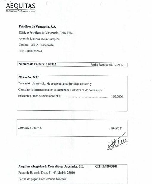 Factura de la consultora a PDVSA de 160.000 euros correspondiente a diciembre de 2012