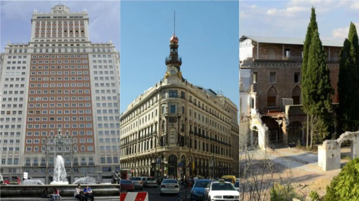 De izquierda a derecha, Edificio España, Manzana de Canalejas y Convento de las Damas Apostólicas