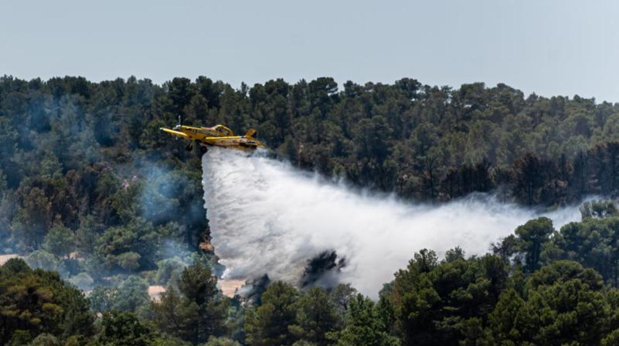 Uno de los aviones que participan en las labores de extinción, el viernes