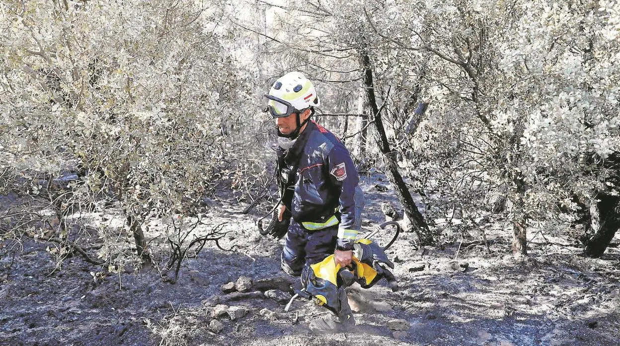 Un bombero de la Comunidad de Madrid trabaja en la zona quemada en Cadalso de los Vidrios
