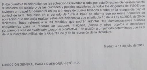 Documento en el que la Dirección General de Memoria Histórica «regatea» la ley del mismo nombre