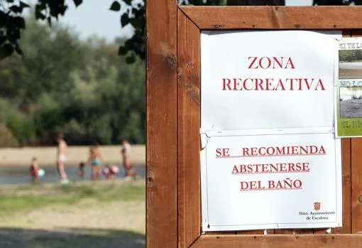 Cartel que recomienda «abstenerse del baño» en el rio Alberche en Escalona