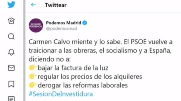 Podemos borra un mensaje en Twitter en el que llamaba «mentirosa» a Carmen Calvo