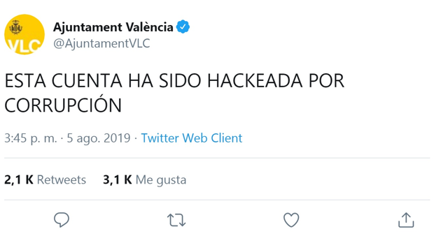 «Hackeada por corrupción» la cuenta de Twitter del Ayuntamiento de Valencia