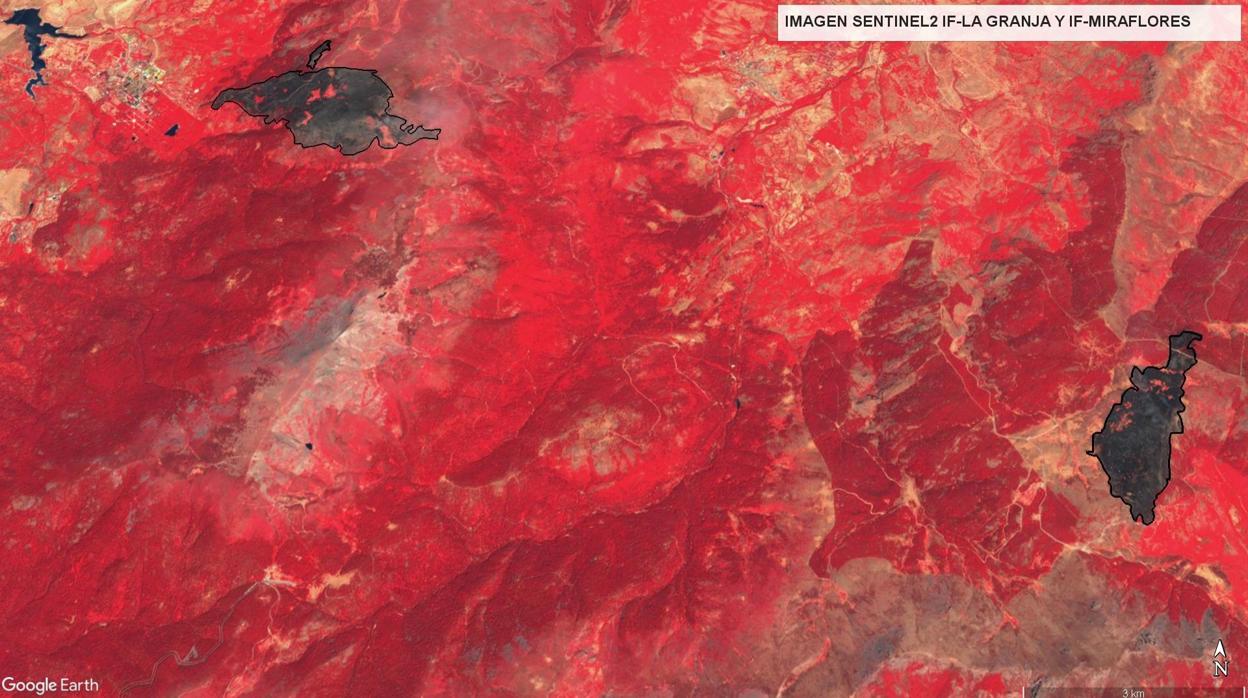 Imagen satélite de los incendios de Miraflores y La Granja, representados por las áreas negras a izquierda y derecha del mapa
