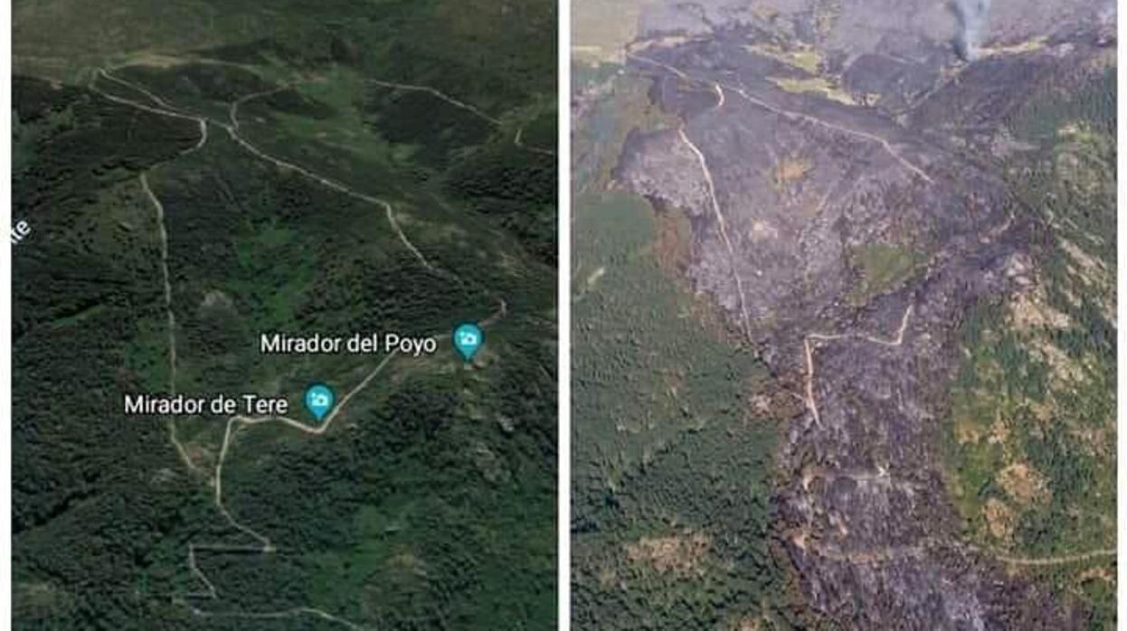 Imagen aérea del antes y el después del incendio en el Real Sitio de San Ildefonso (Segovia)