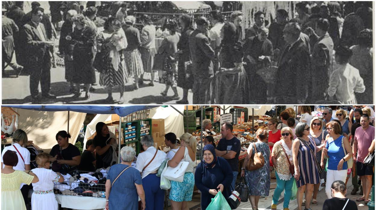 El «martes» en 1959 en Zocodover, fotografiado por Ramón Masant; abajo, el martes, en agosto de 2019, fotografiado po H. Fraile