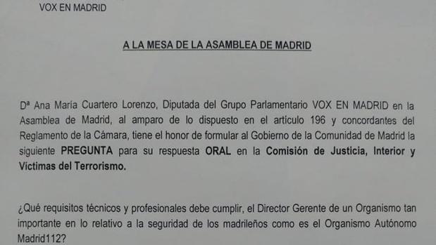 Vox pide explicaciones al Gobierno por nombrar a Ángeles Pedraza gerente de Madrid 112