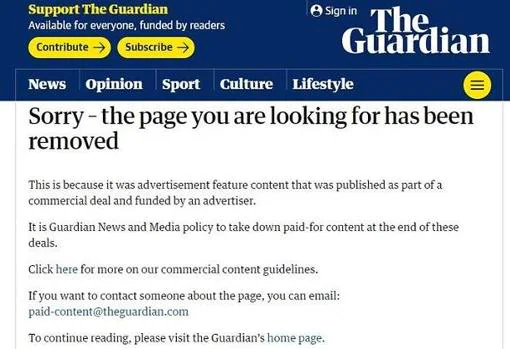 Detalle del mensaje difundido por «The Guardian» en el que explica que la entrevista se ha borrado por tratarse de un contenido publicatario
