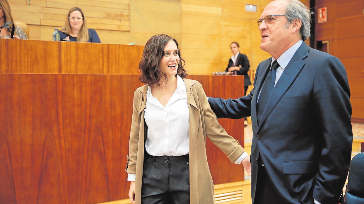 Isabel Díaz Ayuso y Ángel Gabilondo, en el pleno de la Asamblea de Madrid