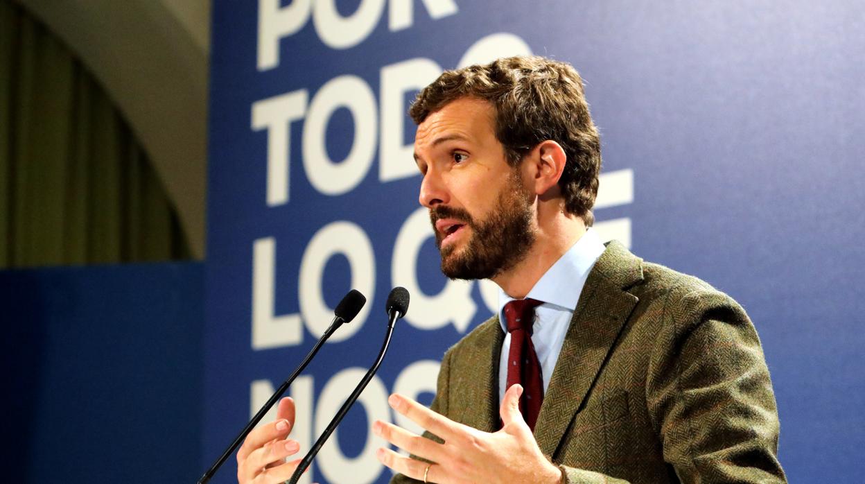 El líder del PP, Pablo Casado, durante el acto de precampaña que ha realizado en Teruel