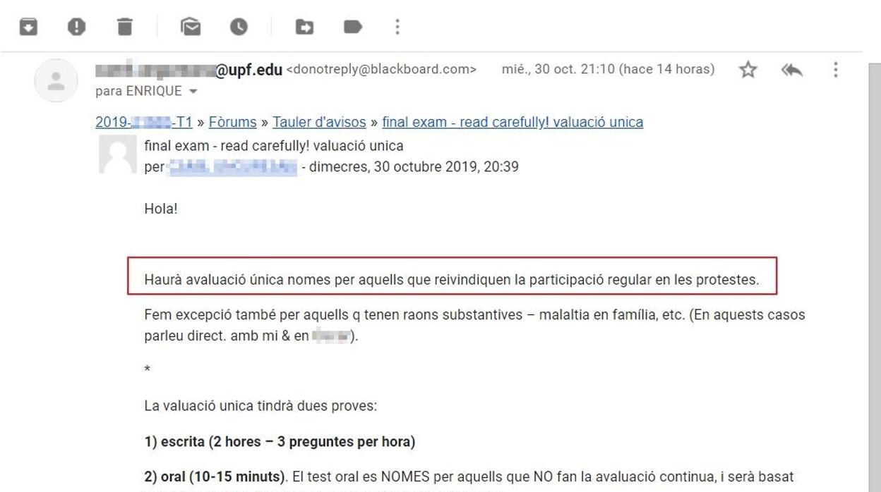 Captura de pantalla del correo electrónico enviado a los alumnos de la UPF