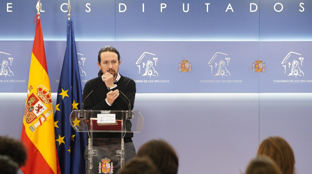 El secretario general de Podemos, Pablo Iglesias, durante una comparecencia en el Congreso