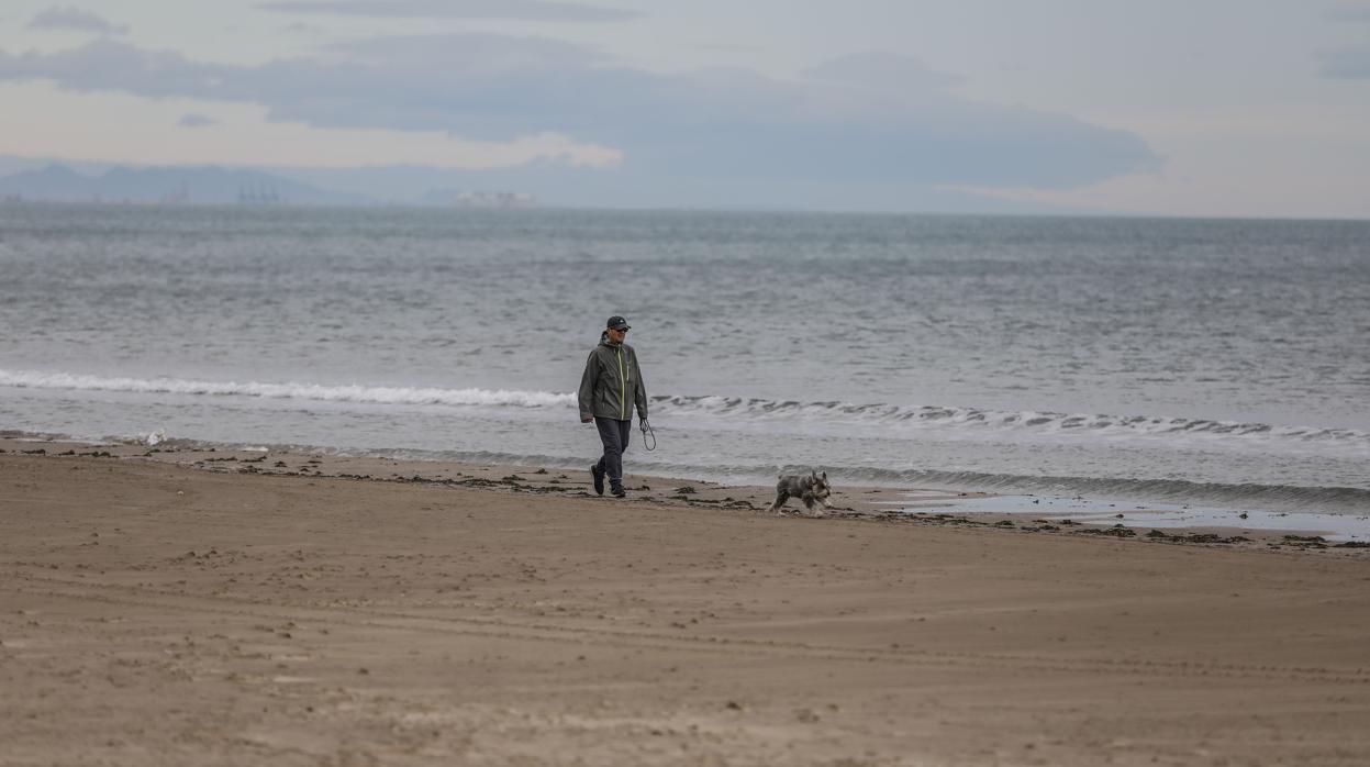 Un hombre pasea por la playa de la Malvarrosa