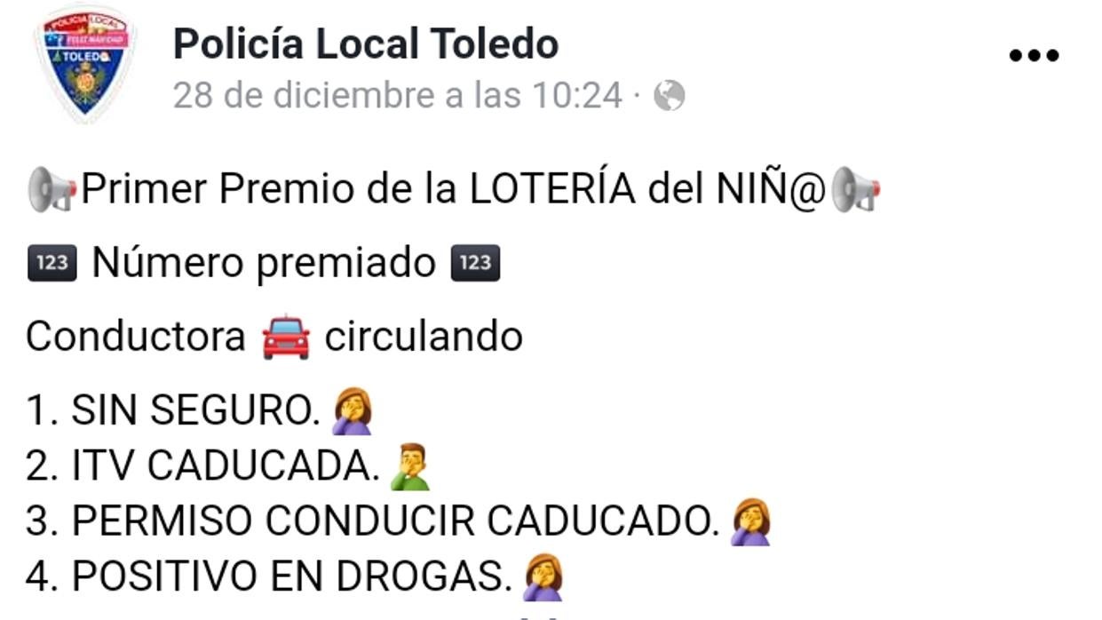 Mensaje de la Policía local de Toledo colgado en su página de Facebook