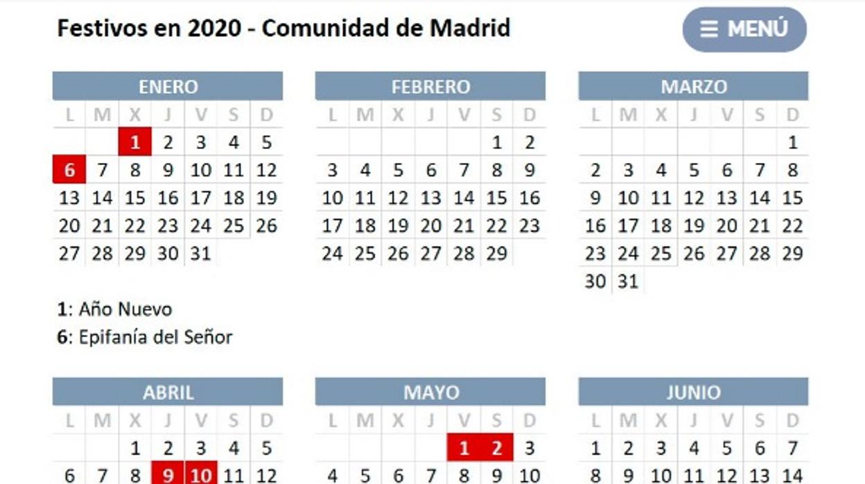 Calendario laboral de la Comunidad de Madrid 2020