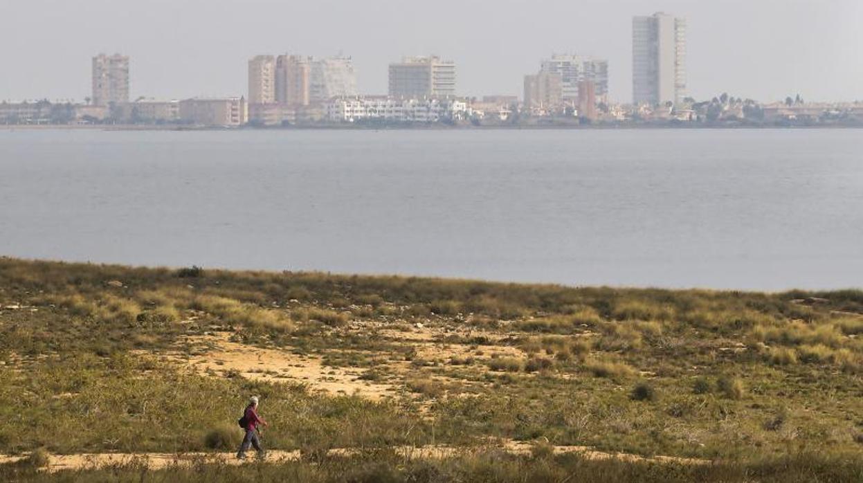 Vistas del Mar Menor con la Manga al fondo y en primer término una franja litoral sin cultivar