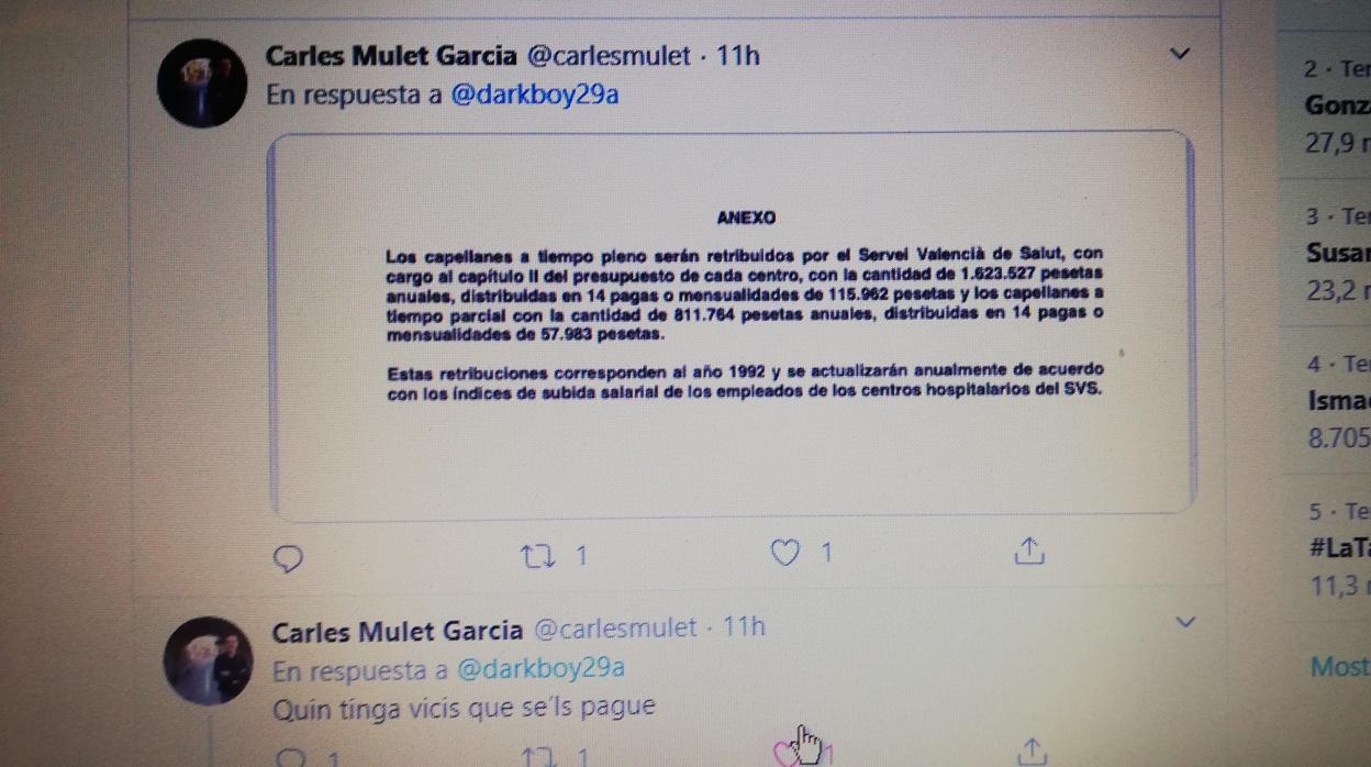 Captura de la conversación del senador Mulet en su cuenta de Twitter