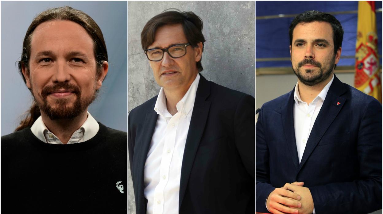 De izquierda a derecha: Pablo Iglesias, Salvador Illa y Alberto Garzón