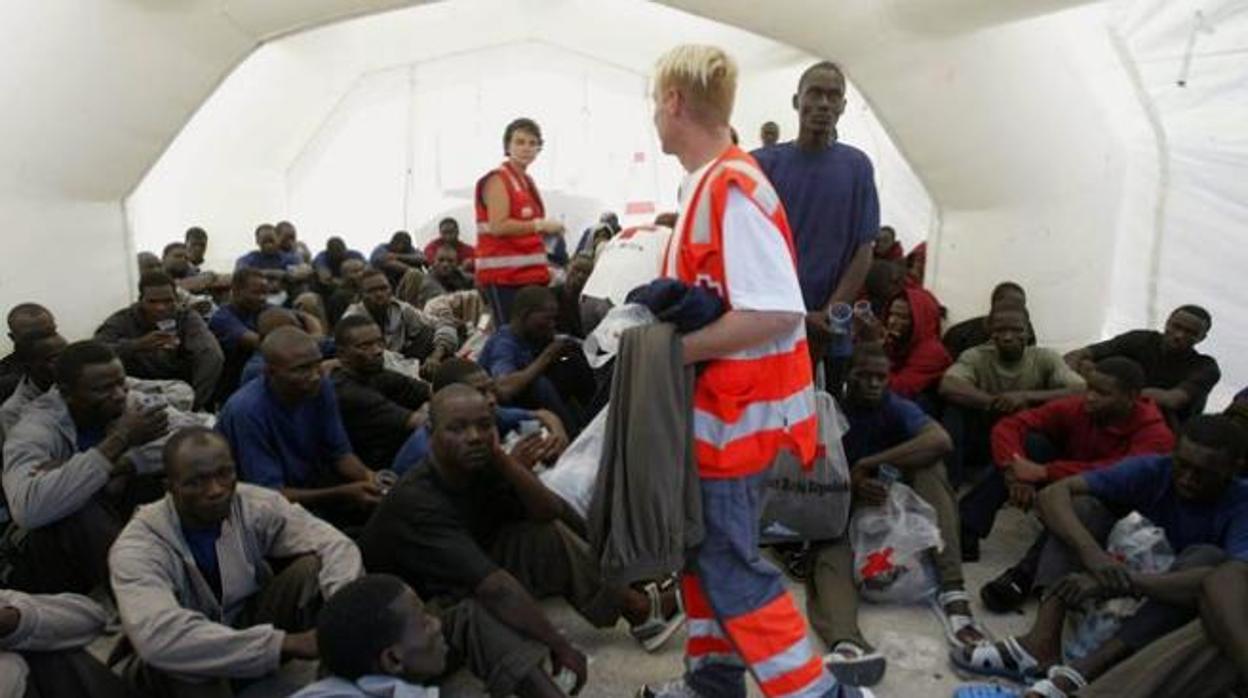 Miembros de la Cruz Roja atienden a inmigrantes llegados a Tenerife