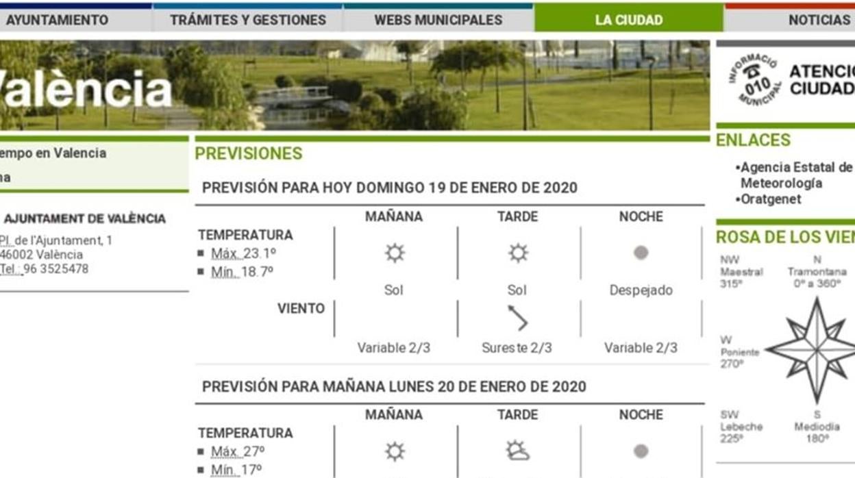 Imagen de la predicción meteorológica en la web del Ayuntamiento