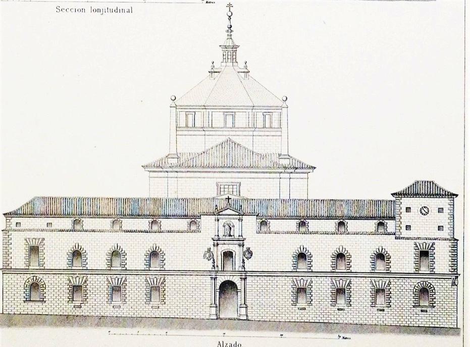 Fachada del Hospital de San Juan Bautista, primera sede del Colegio General Militar. Aguafuerte de F. Pérez Baquero en Monumentos arquitectónicos de España. Madrid: Calcografía nacional, 1879.