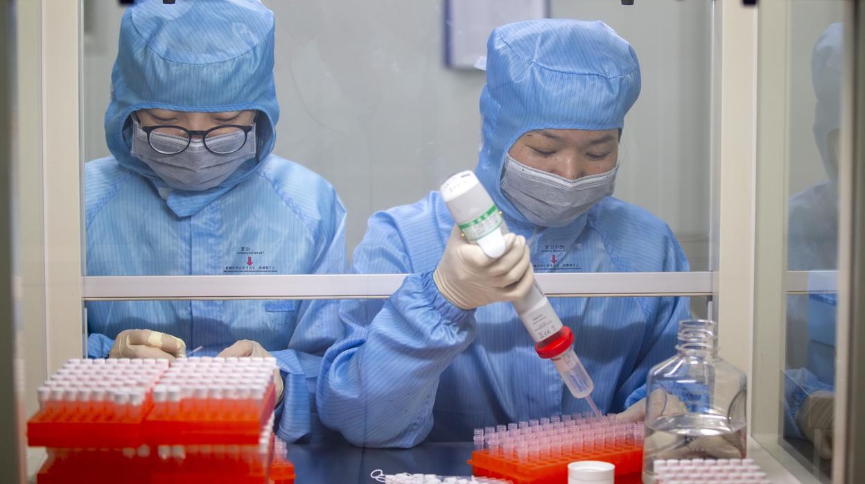 Imagen de dos investigadores trabajando en un método para la detección del coronavirus en China