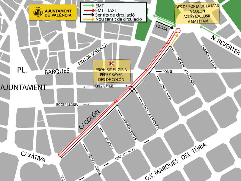 Mapa de los cambios que entrarán en vigor el 23 de marzo en la cale Colón de Valencia