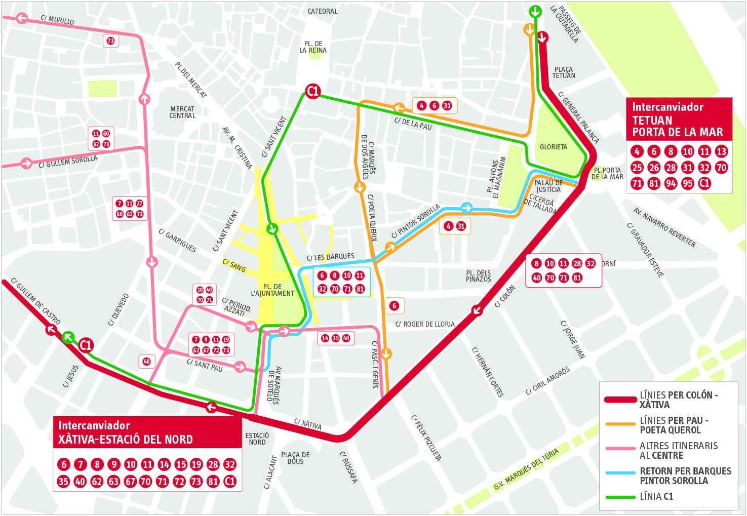 Mapa de las líneas de la EMT que transcurrirán por el nuevo intercambiador de Xàtiva