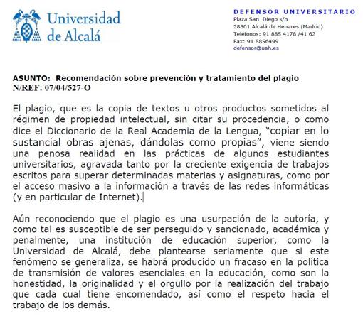 Escrito contra el plagio elaborado por uno de los condenados