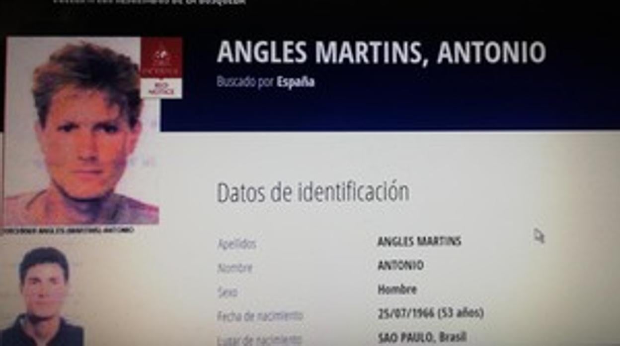 Imagen de la ficha de Antonio Anglés que figura en los archivos de la Interpol