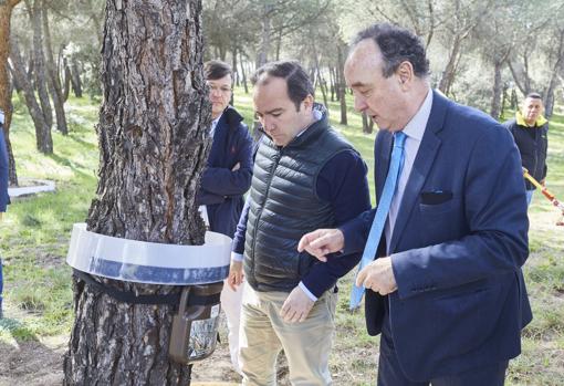 El delegado de Medio Ambiente, Borja Carabante (izqda.) visita el banco de pruebas de Tres Cantos, junto al subdirector de Parques y Viveros, Santiago Soria