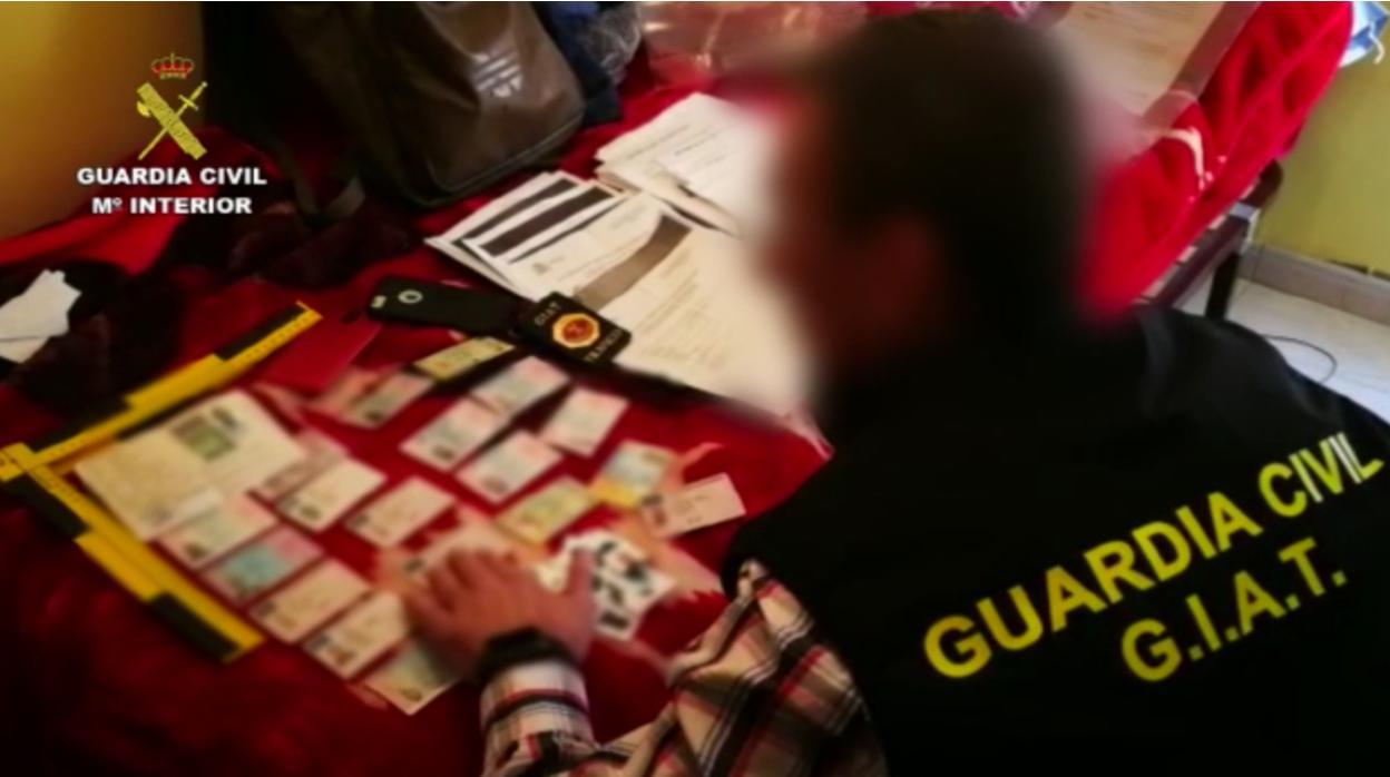 Un agente de la Guardia Civil, revisando parte de la abundante documentación falsificada que han intervenido