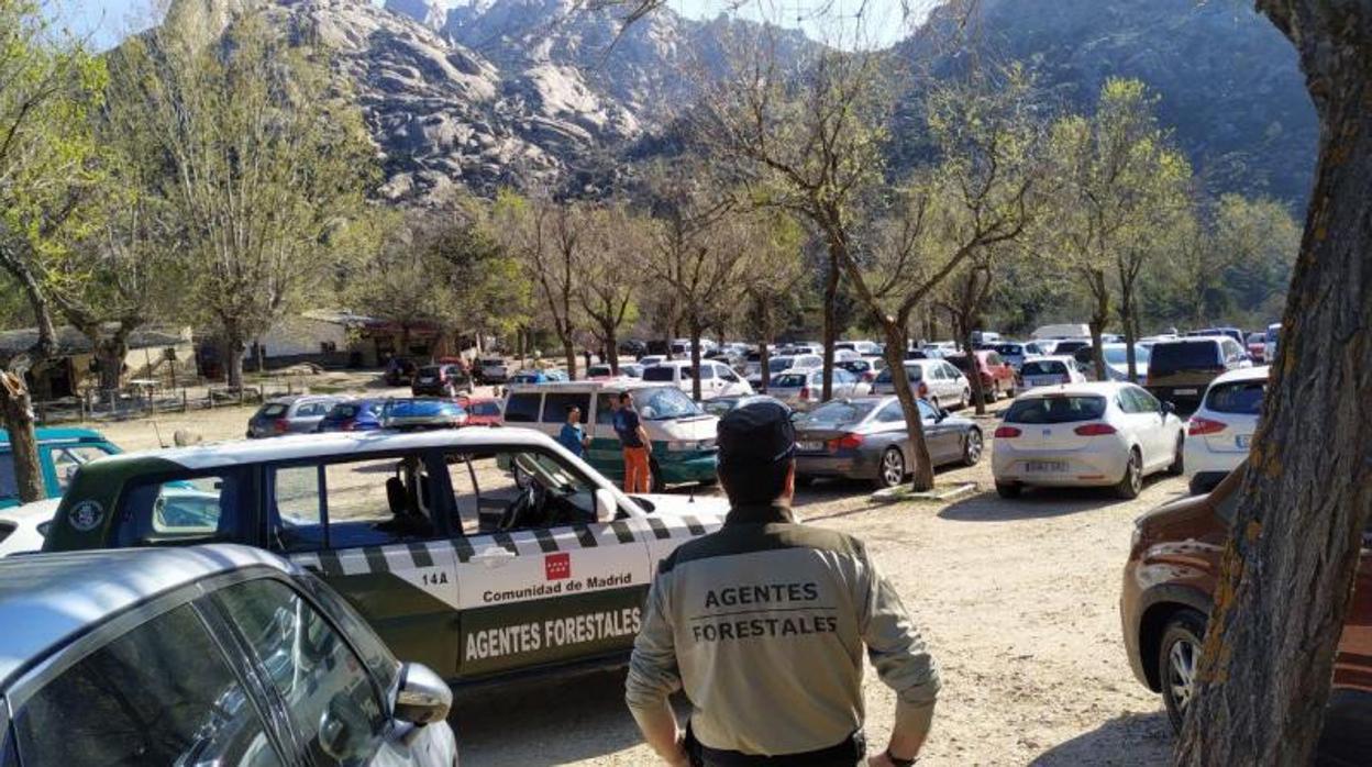 Coronavirus: Los agentes forestales, ayer, desalojando el aparcamiento de La Pedriza