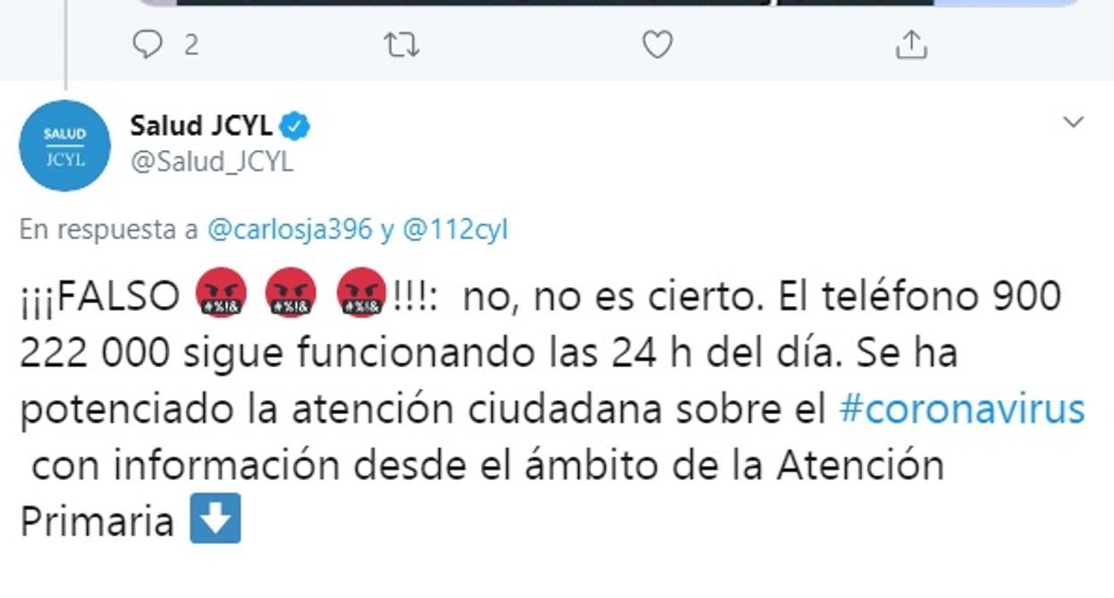 La Junta desmiente el bulo de que ya no funcione el teléfono 900 222 000 en Castilla y León sobre el coronavirus