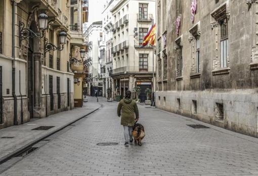 Un hombre pasea a su perro en una calle totalmente vacía de Valencia este miércoles