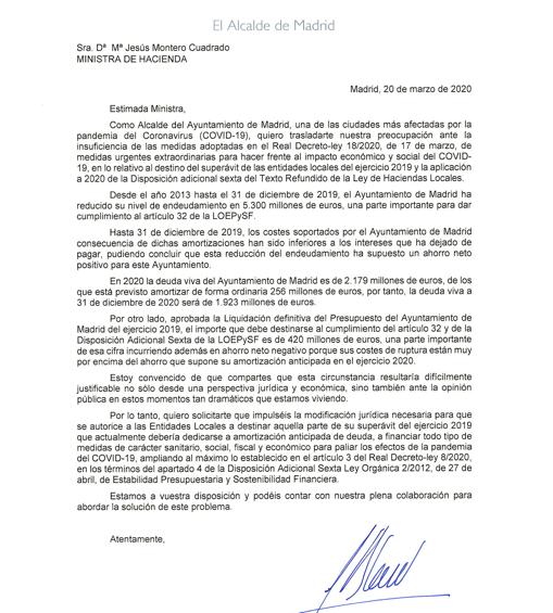 Carta enviada por Almeida a la ministra de Hacienda