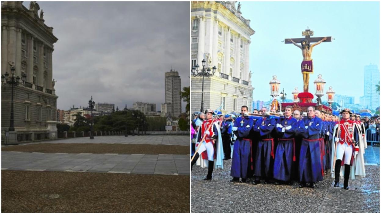 A la izquierda la plaza de Oriente, desierta como resultado del confinamiento masivo provocado por la crisis del coronavirus; la misma plaza, al paso del Cristo de Los Alabarderos, repleta de gente a pesar de las lluvias, la pasada Semana Santa