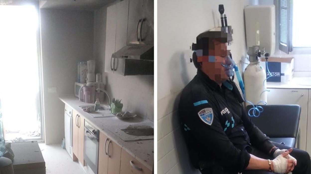 Así quedó la cocina tras la invertención de los policías. A la derecha, el agente que se quemó las manos y necesitó oxígeno