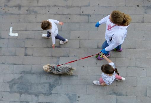 Imagen de dos menores paseando con su perro acompañados de una mujer en Alicante