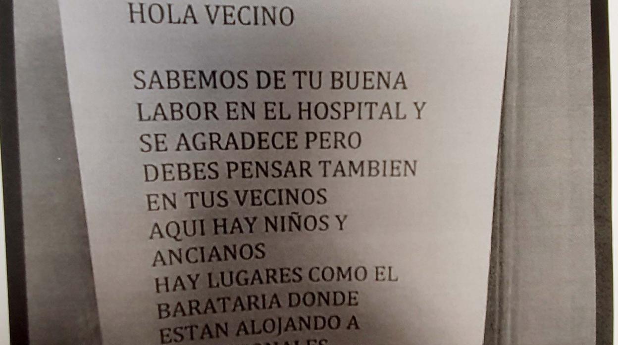 Mensaje de un vecino donde pedía a una sanitaria que abandonara la urbanización