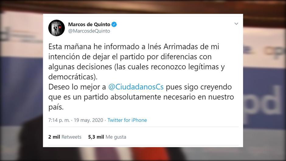 Marcos de Quinto abandona Ciudadanos tras confirmarse su apoyo a una nueva prórroga del estado de alarma