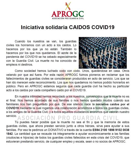 Iniciativa solidaria «Caídos Covid-19» para ayudar a viudas y huérfanos de guardias civiles