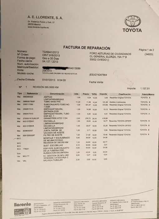 Una de las facturas de reparación del vehículo de la esposa de Cascos