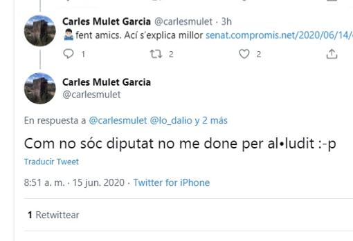 Captura de la respuesta del senador Carles Mulet a Santiago Abascal en las redes sociales