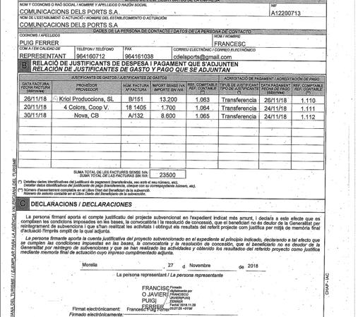 Facturas presentadas por Comunicació dels Ports con la firma electrónica de Francis Puig el 29 de noviembre de 2018