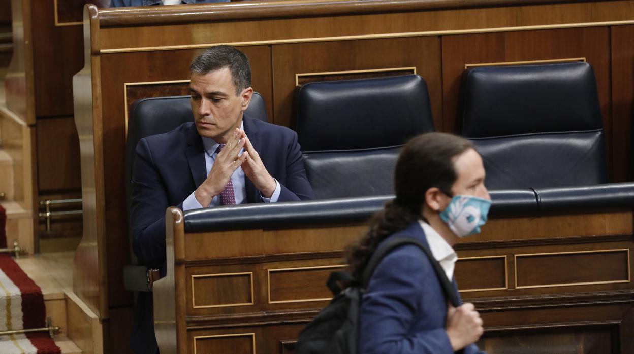 Pleno de sesión de control al Gobierno en el Congreso de los Diputados con el vicepresidente segundo, Pablo Iglesias, y el presidente del Gobierno, Pedro Sánchez, de fondo